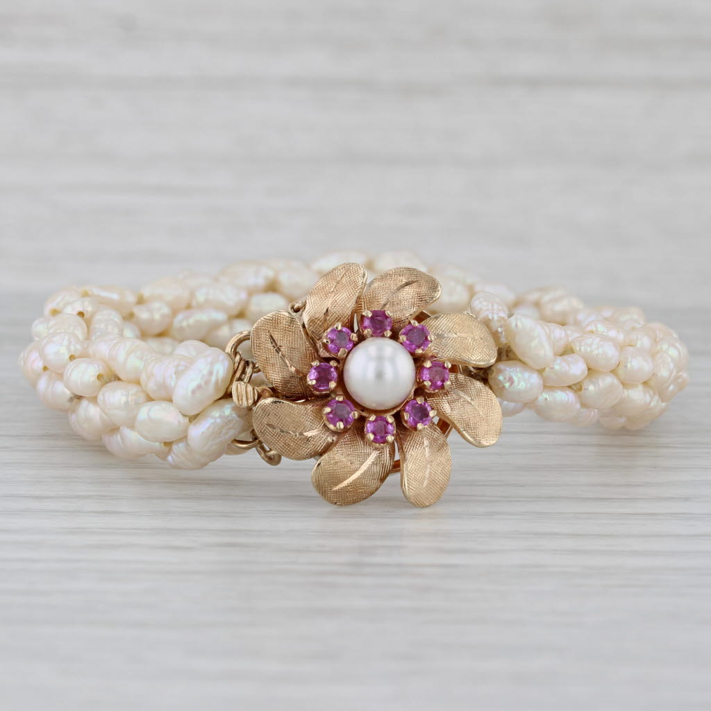 Gray Vintage Cultured Pearl Pink Sapphire Flower Clasp Bead Bracelet 6" 14k Gold