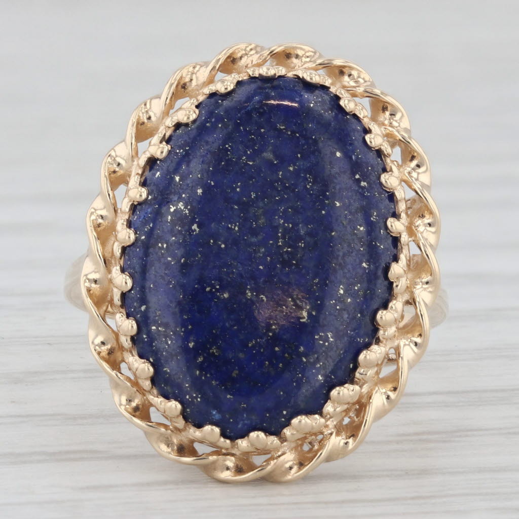 Dark Slate Gray Oval Cabochon Solitaire Blue Lapis Lazuli Ring 10k Yellow Gold Size 7.25