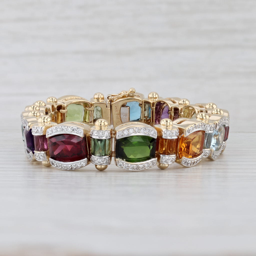 26.98ctw Gemstone Tennis Bracelet 14k Gold Peridot Citrine Topaz Amethyst Aqua
