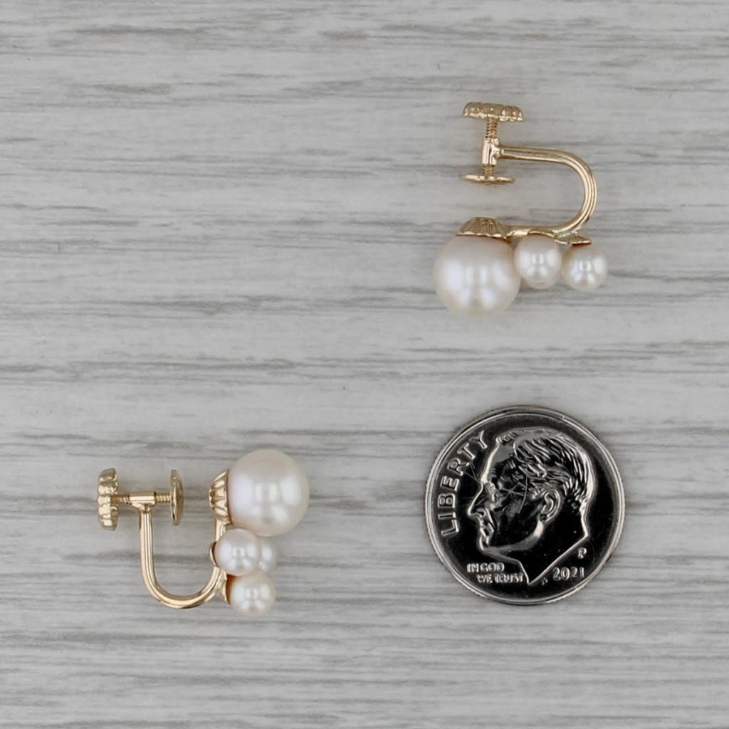 Cultured Pearl Cluster Earrings 14k Yellow Gold Screw Back Non Pierced Vintage