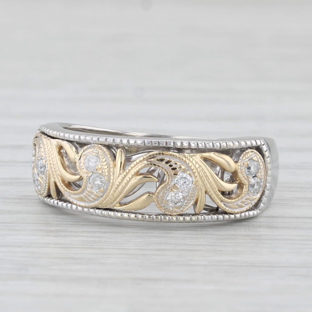 Light Gray 0.12ctw Diamond Floral Ring 10k Yellow White Gold Size 7 Wedding Band Ornate