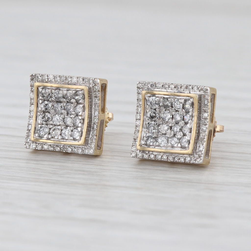 0.62ctw Pave Diamond Square Stud Earrings 10k Yellow Gold Screw Backs Studs