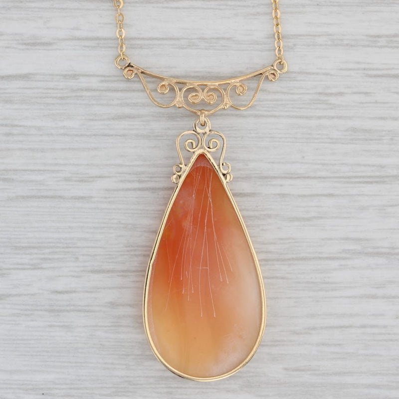 Carved Shell Cameo Teardrop Pendant Necklace 14k Yellow Gold 16.5" Cable Chain