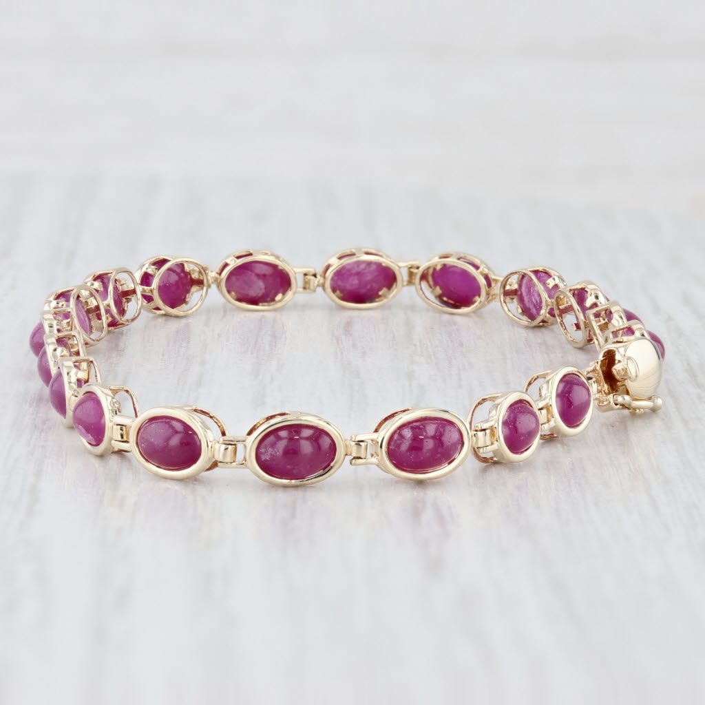 Light Gray Ruby Oval Cabochon Tennis Bracelet 14k Yellow Gold 6.75" 5.2mm