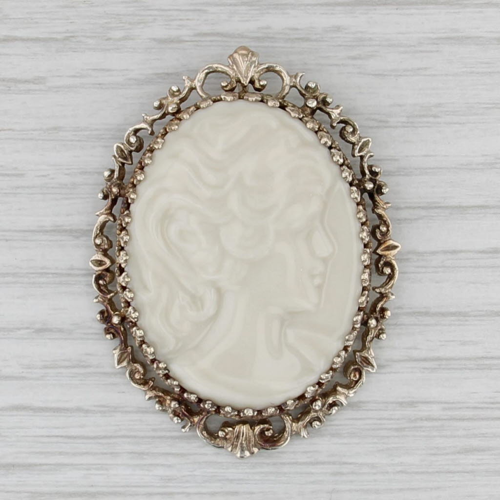 Lenox Molded Glass Cameo Brooch Pendant Sterling Silver Vintage