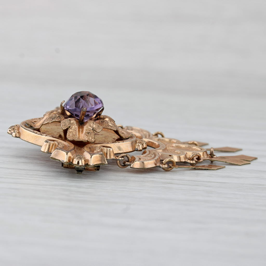 Gray Antique Victorian Purple Glass Flower Brooch 10k Rose Gold 1800s Ornate Pin