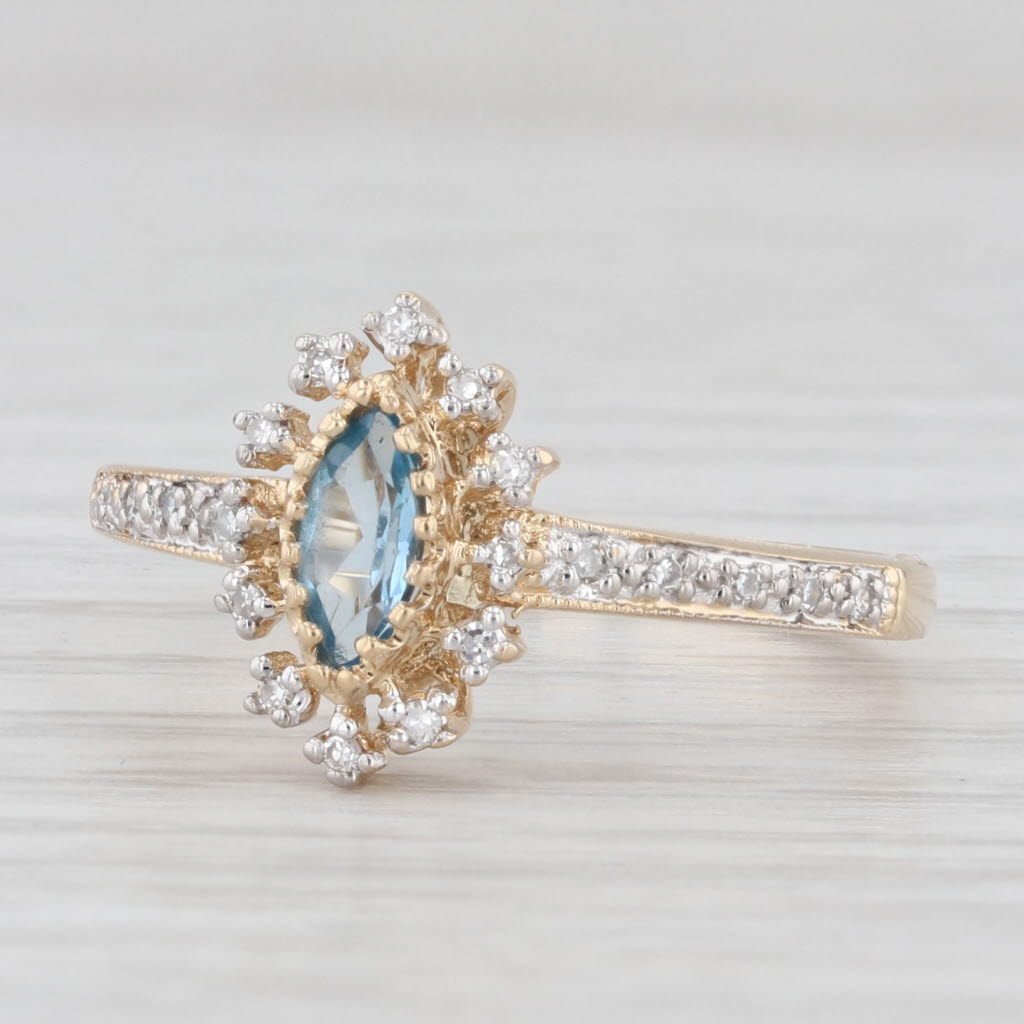 Light Gray Marquise Blue Topaz Diamond Halo Ring 14k Yellow Gold Size 6.5 Engagement