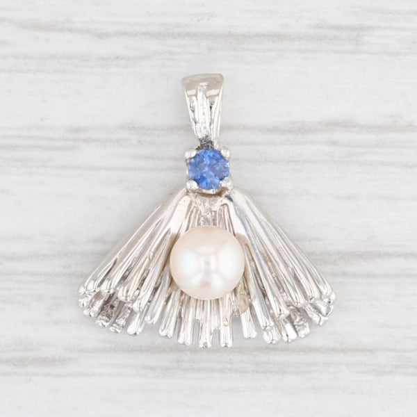 Light Gray Cultured Pearl Blue Sapphire Fan Pendant 14k White Gold Drop