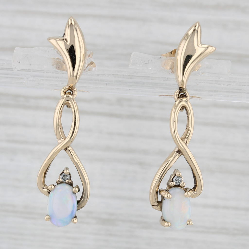 Light Gray Opal Diamond Dangle Earrings 14k Yellow Gold Oval Drops