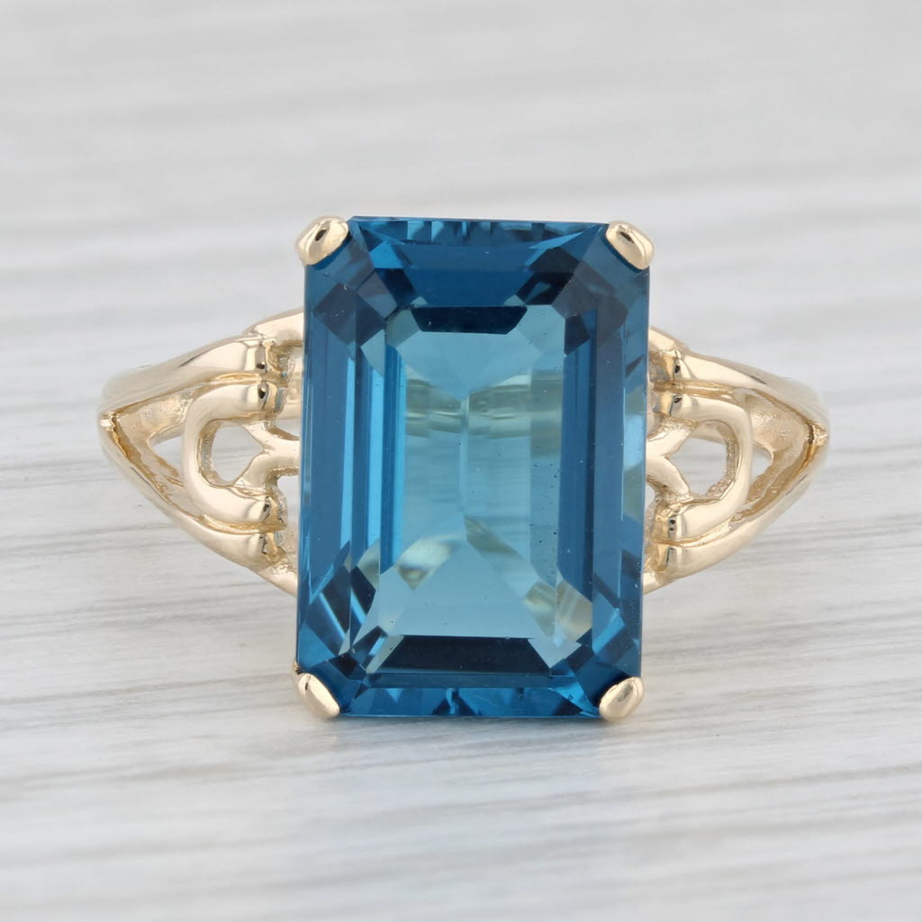 Light Gray 8.80ct London Blue Topaz Ring 14k Yellow Gold Emerald Cut Solitaire Size 8.25