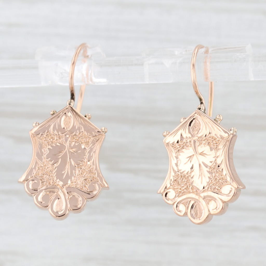 Light Gray Victorian Ornate Dangle Earrings 10k Rose Gold Hook Post Drops