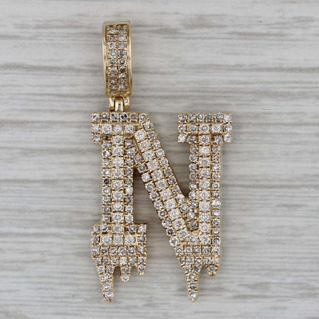 Dark Gray 1ctw Diamond Letter Initial "N" Pendant 10k Yellow Gold