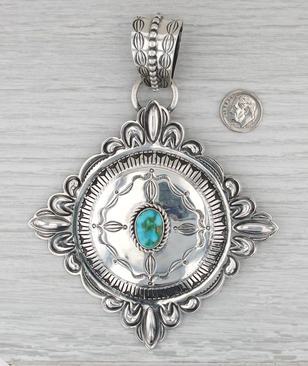 Rolan Dixon Navajo Pendant Sterling Silver Turquoise Native American Statement