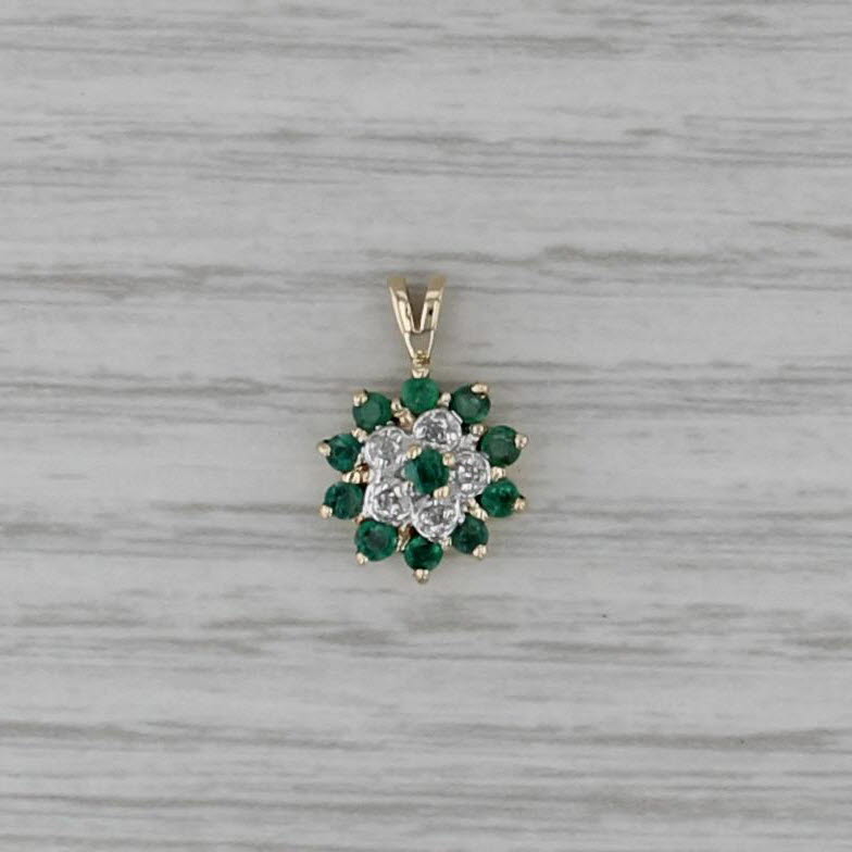 0.42ctw Emerald Diamond Flower Pendant 10k Yellow Gold Small Drop