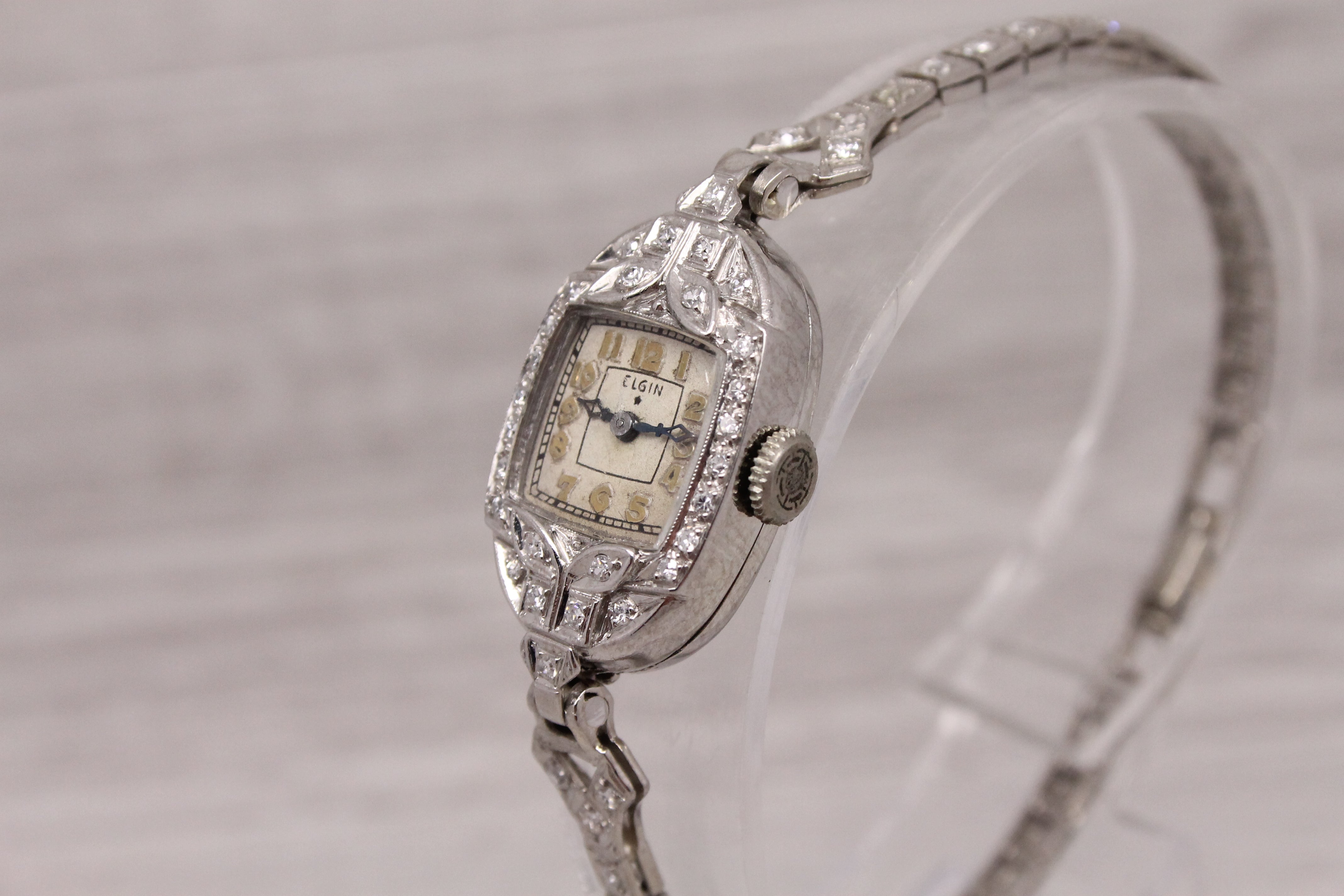 Dark Gray Antique Elgin Ladies Platinum & 14k Diamond Cocktail Watch 0.65ctw SERVICED