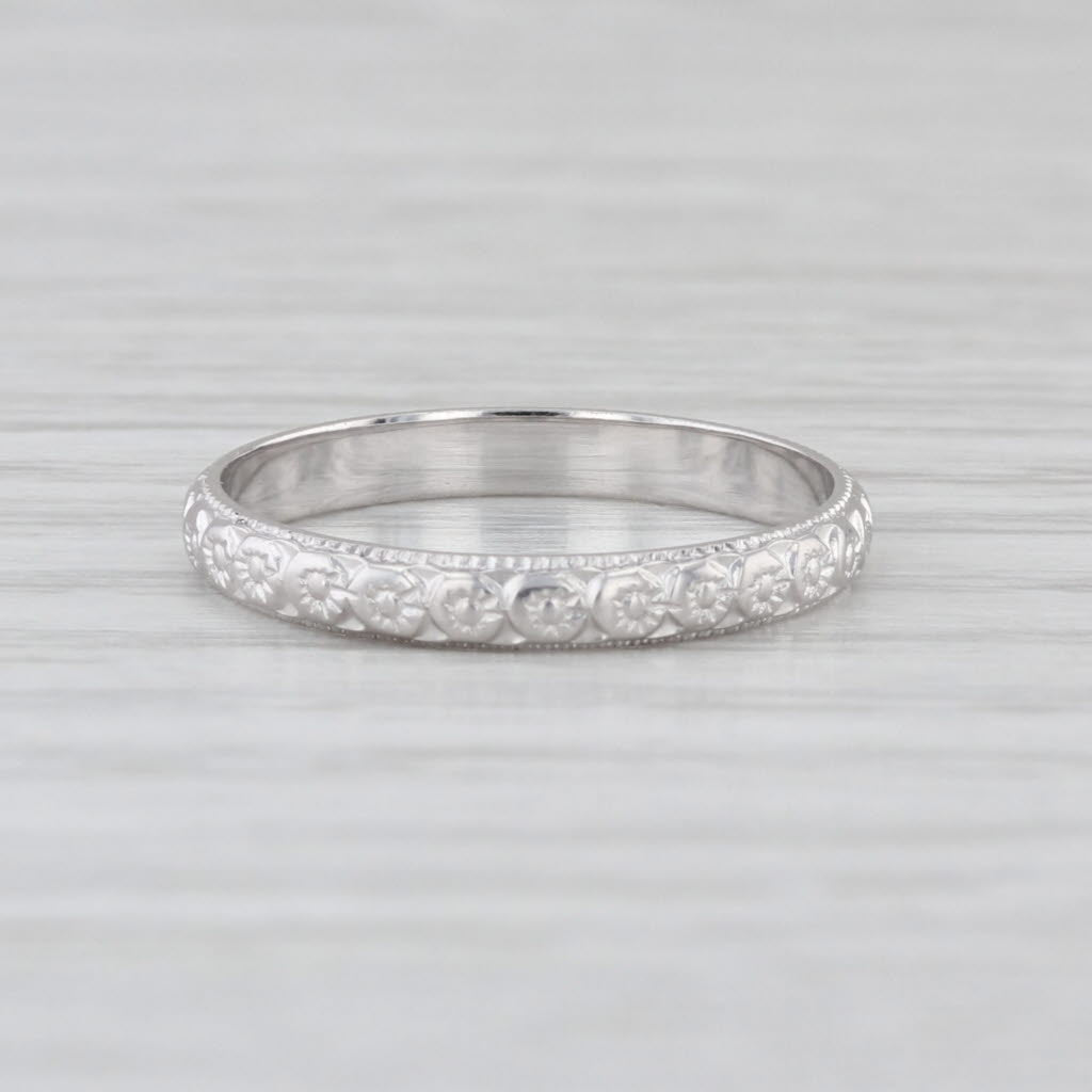Art Deco Die Struck Floral Pattern Ring 18k White Gold Sz 5.5-5.75 Wedding Band