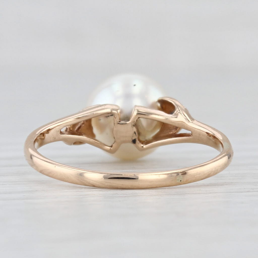 Light Gray Cultured Pearl Solitaire Ring 14k Yellow Gold Size 7 Leaf Accents