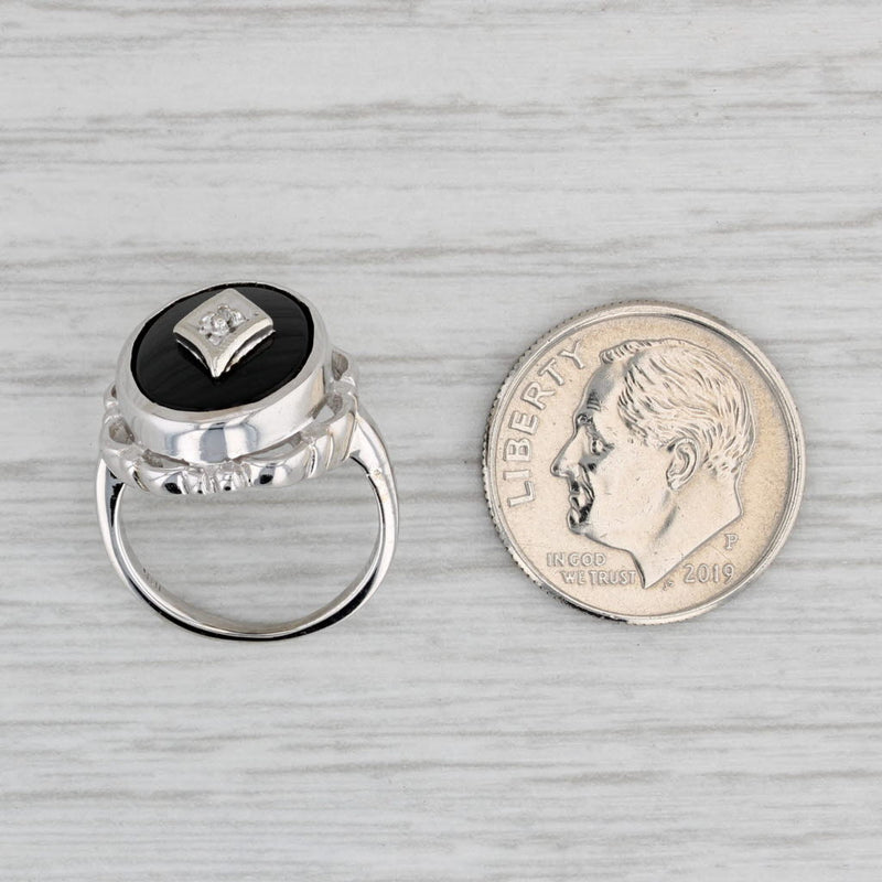 Gray Vintage Onyx Diamond Signet Ring 10k White Gold Size 2.25