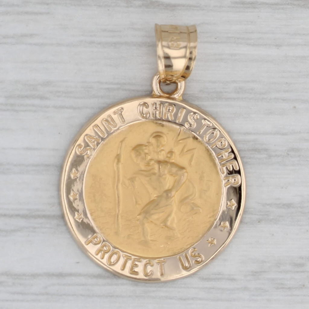 Gray Saint Christopher Protect Us Prayer Token Pendant 14k Yellow Gold Figural