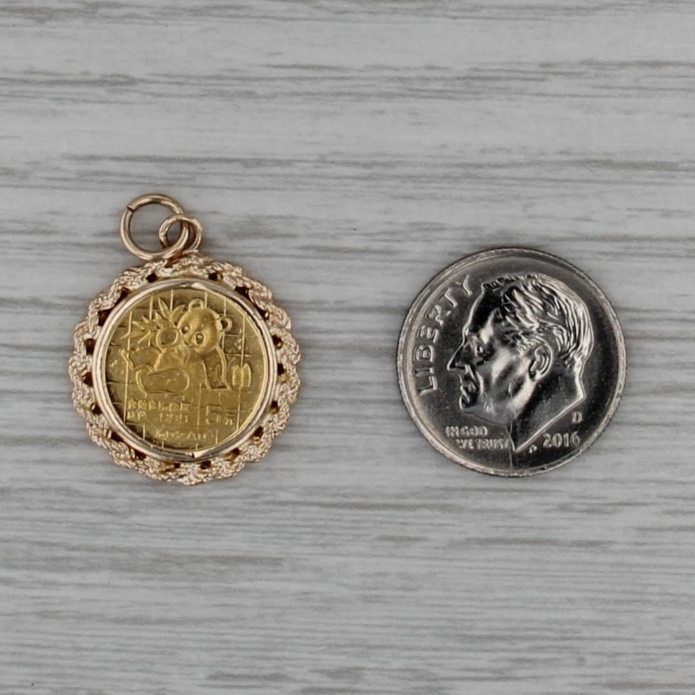 1989 Chinese Panda Coin Pendant 1/20 oz 24k 5 Yuan 14k Yellow Gold Charm