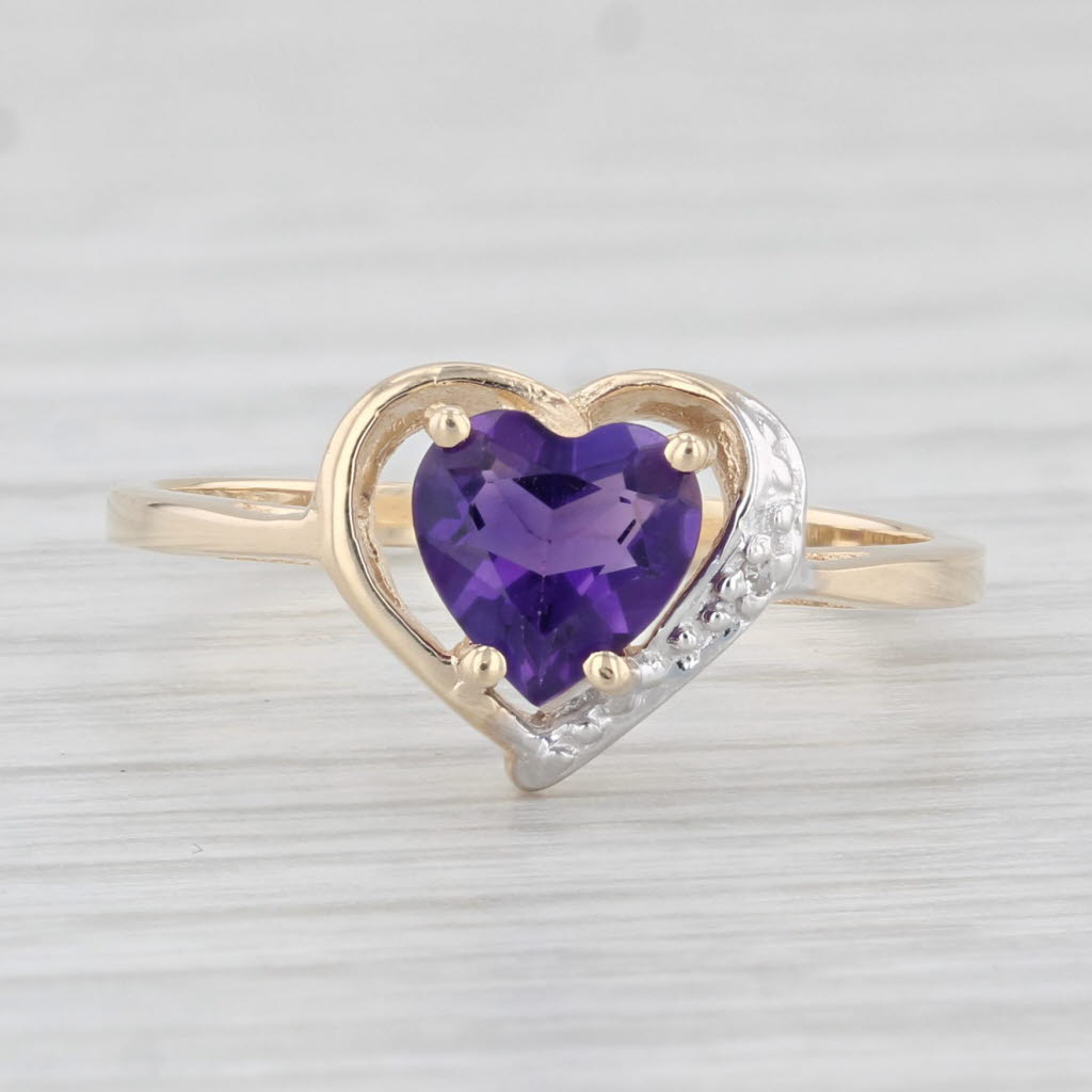 Light Gray 0.60ct Amethyst Heart Ring 10k Yellow Gold Size 6.5 Diamond Accents