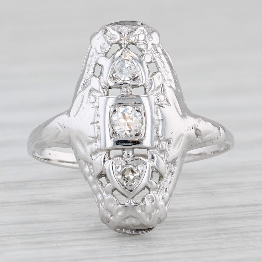 Light Gray Vintage Princess Diamond Ring 10k White Gold Size 6.75 Heart Accents