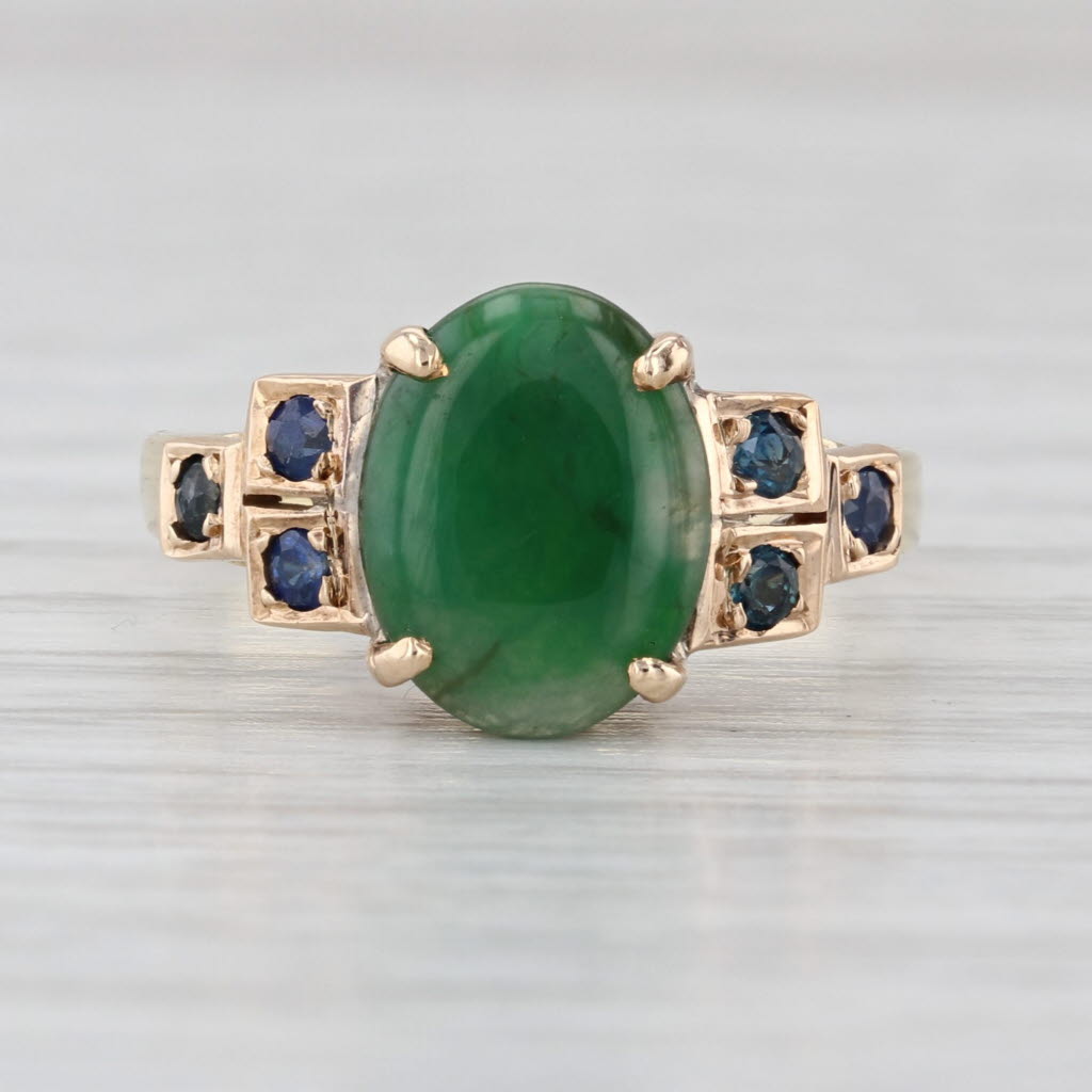 Vintage Green Jadeite Jade Blue Sapphire Ring 14k Yellow Gold Size 6.75