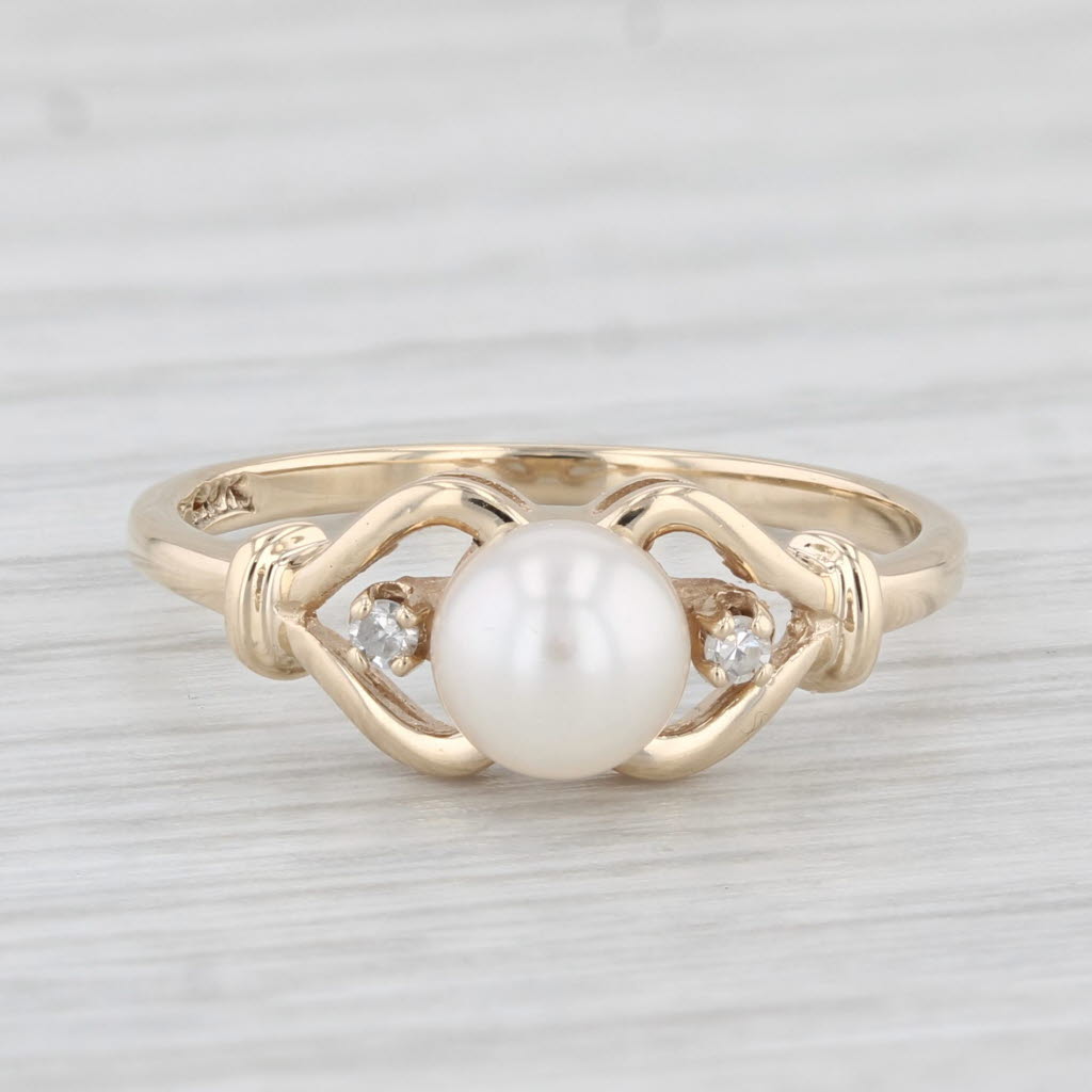 Light Gray Cultured Pearl Diamond Hearts Ring 10k Yellow Gold Size 5.75