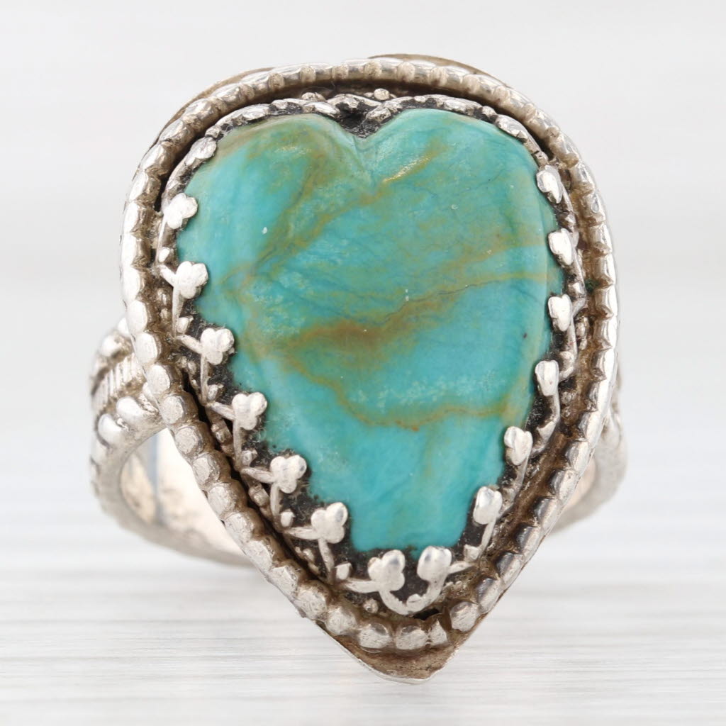 Dim Gray Vintage Lab Created Turquoise Cabochon Heart Ring Sterling Silver Southwestern