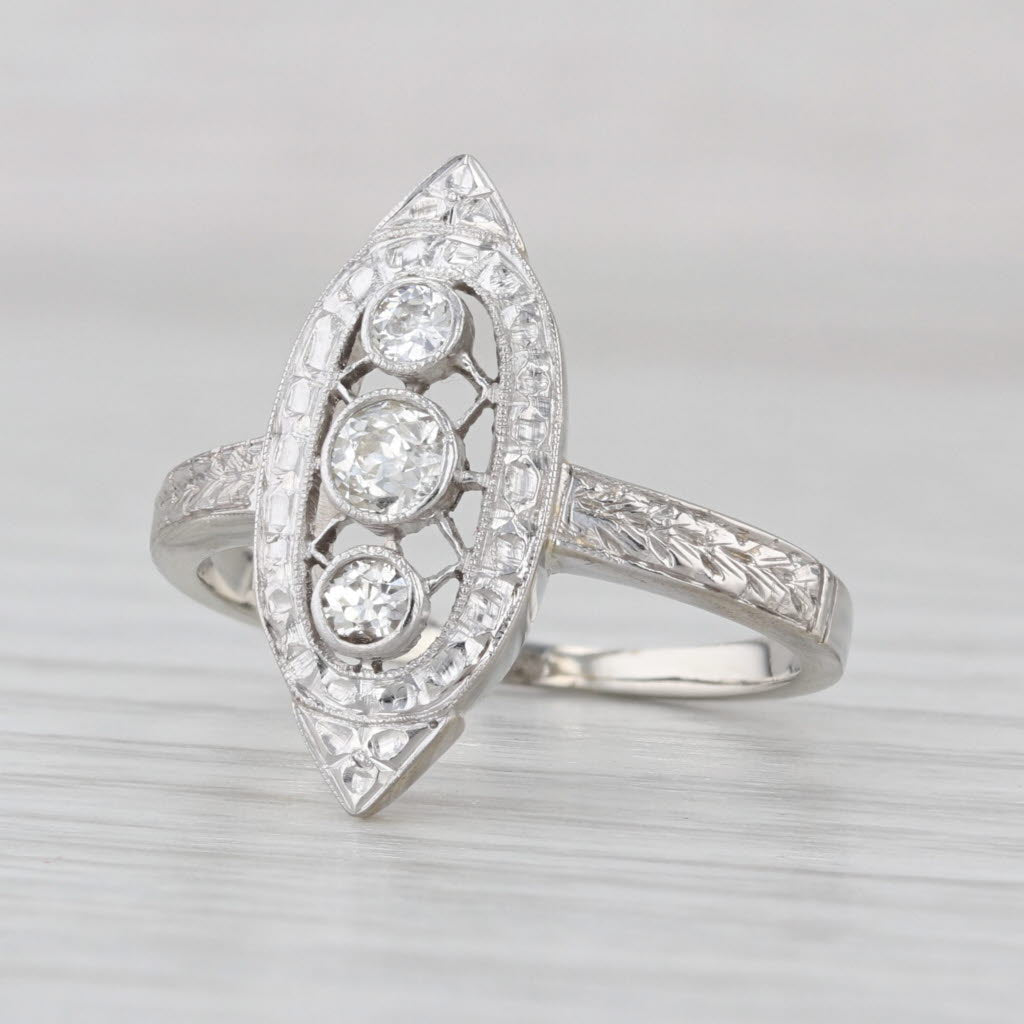 Vintage Diamond 3-Stone Ring 14k White Gold Ornate Filigree Wheat Band Size 6.5