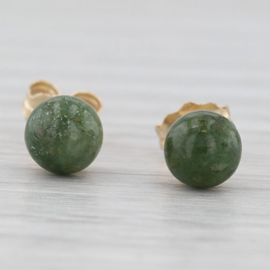 Light Gray Vintage Green Nephrite Jade Bead Stud Earrings 14k Yellow Gold