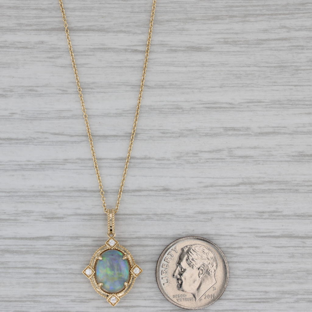 Gray New Opal Cabochon Diamond Pendant Necklace 14k Yellow Gold 18" Cable Chain