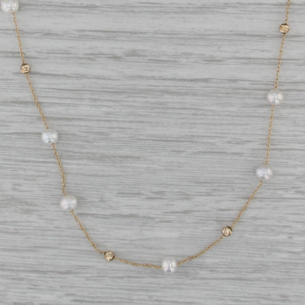 Cultured Pearl Bead Station Necklace 14k Yellow Gold 16" Rope Chain