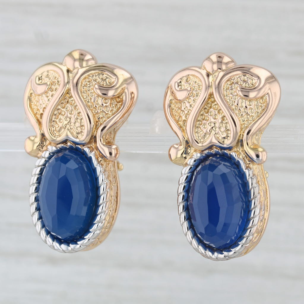 Light Gray Blue Chalcedony Ornate Drop Earrings 14k Yellow Gold Omega Backs