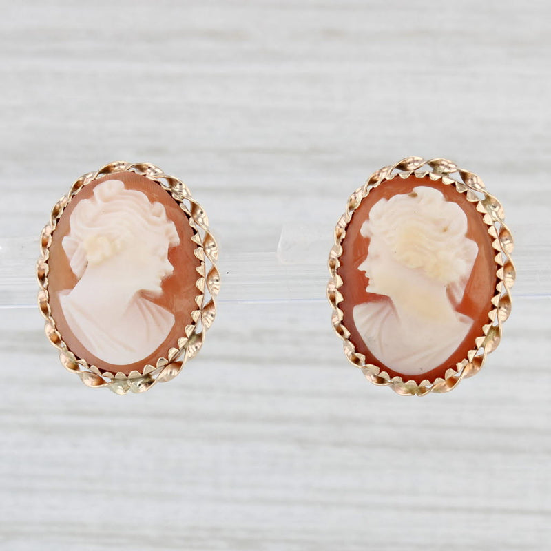 Light Gray Carved Shell Cameo Earrings 14k Yellow Gold Stud Cameos