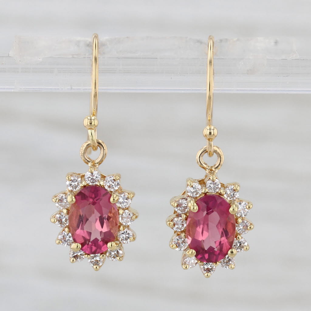 2.07ctw Pink Tourmaline Diamond Halo Dangle Earrings 18k Yellow Gold Hook Posts
