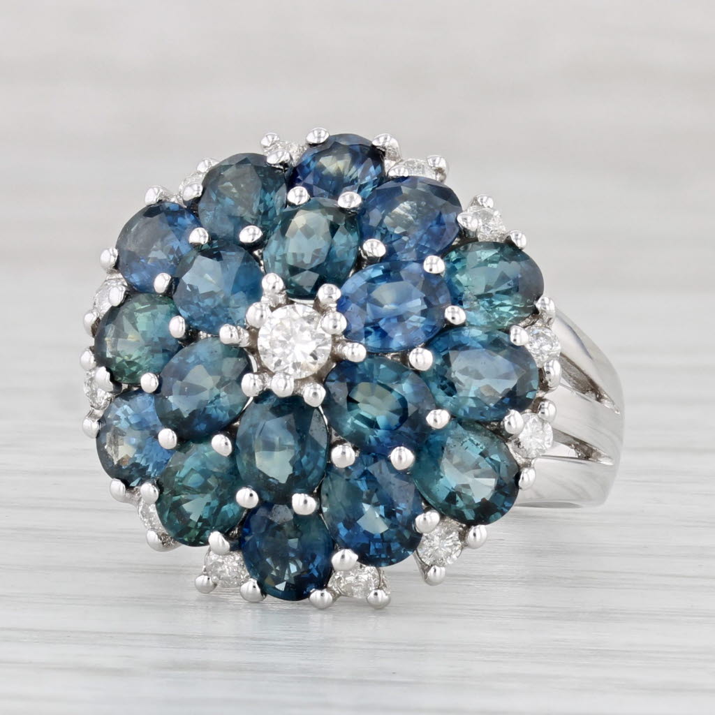 Light Gray 8.42ctw Blue Sapphire Diamond Flower Cluster Ring 14k White Gold Size 7.75