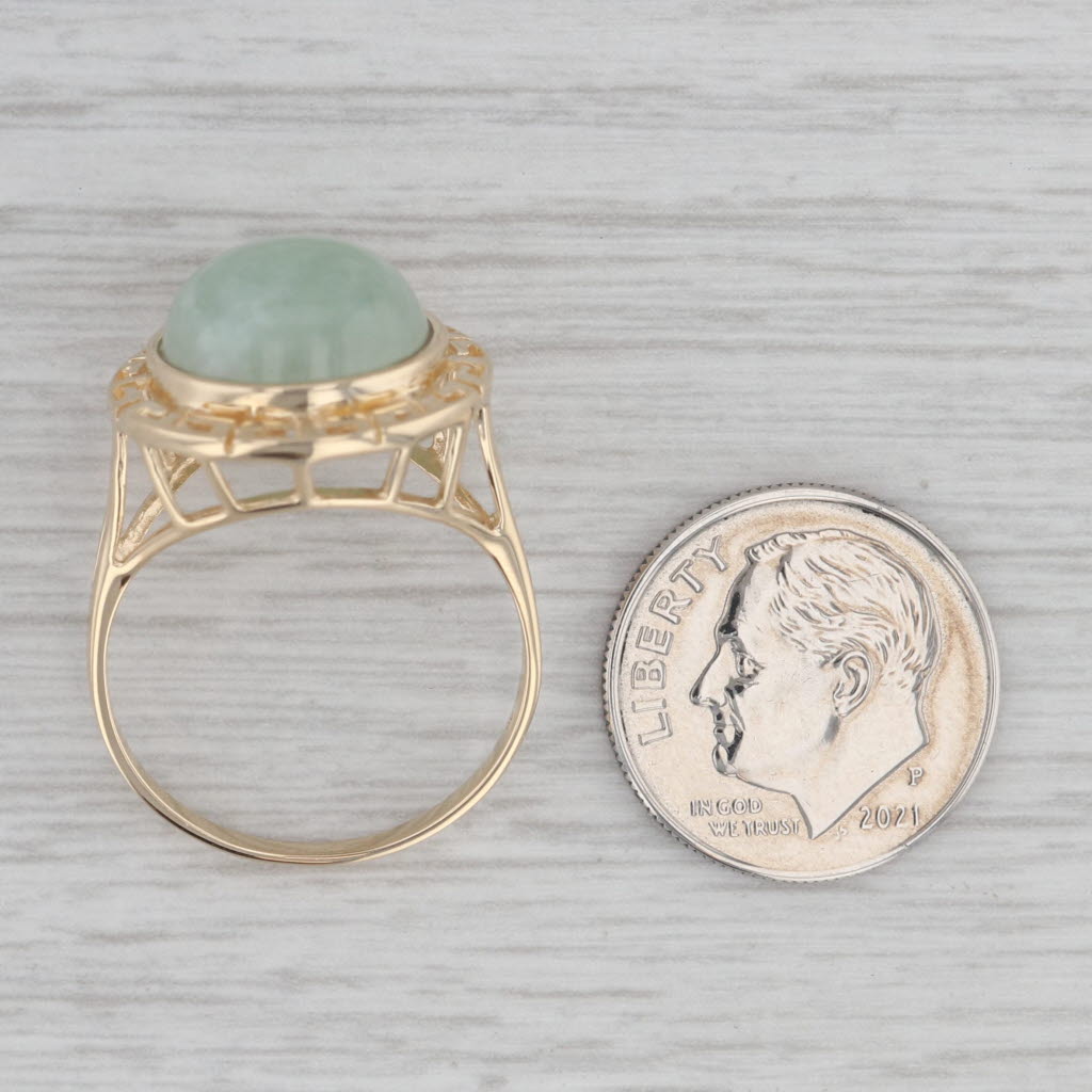 Gray Jadeite Jade Cabochon Solitaire Ring 14k Yellow Gold Size 8.25 Greek Key Frame