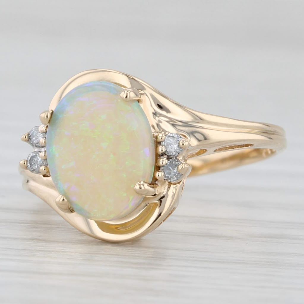 Light Gray Oval Cabochon Opal Diamond Ring 14k Yellow Gold Size 6.25