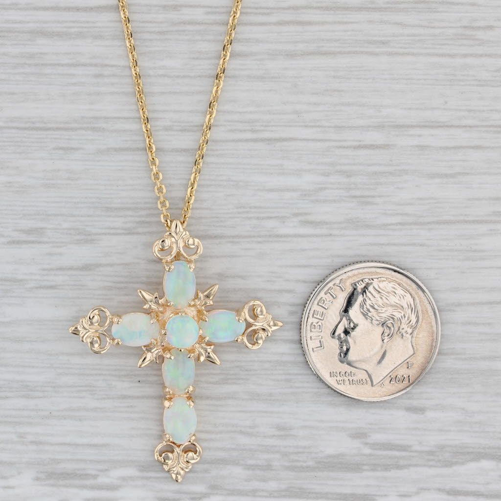 Gray Ornate Opal Cross Pendant Necklace 14k Yellow Gold 24" Cable Chain