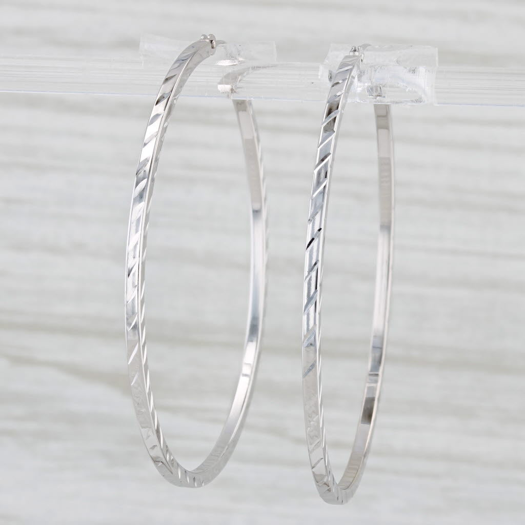 Light Gray Etched Pattern Hoop Earrings 14k White Gold Snap Top Large Round Hoops