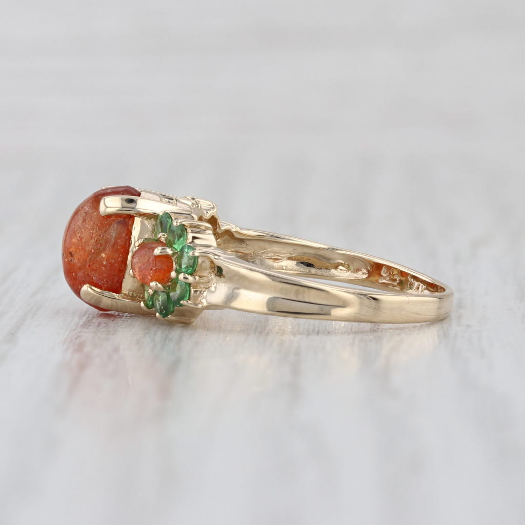 Aventurine Feldspare Tsavorite Ring 14k Yellow Gold Oval Cabochons Size 7.75