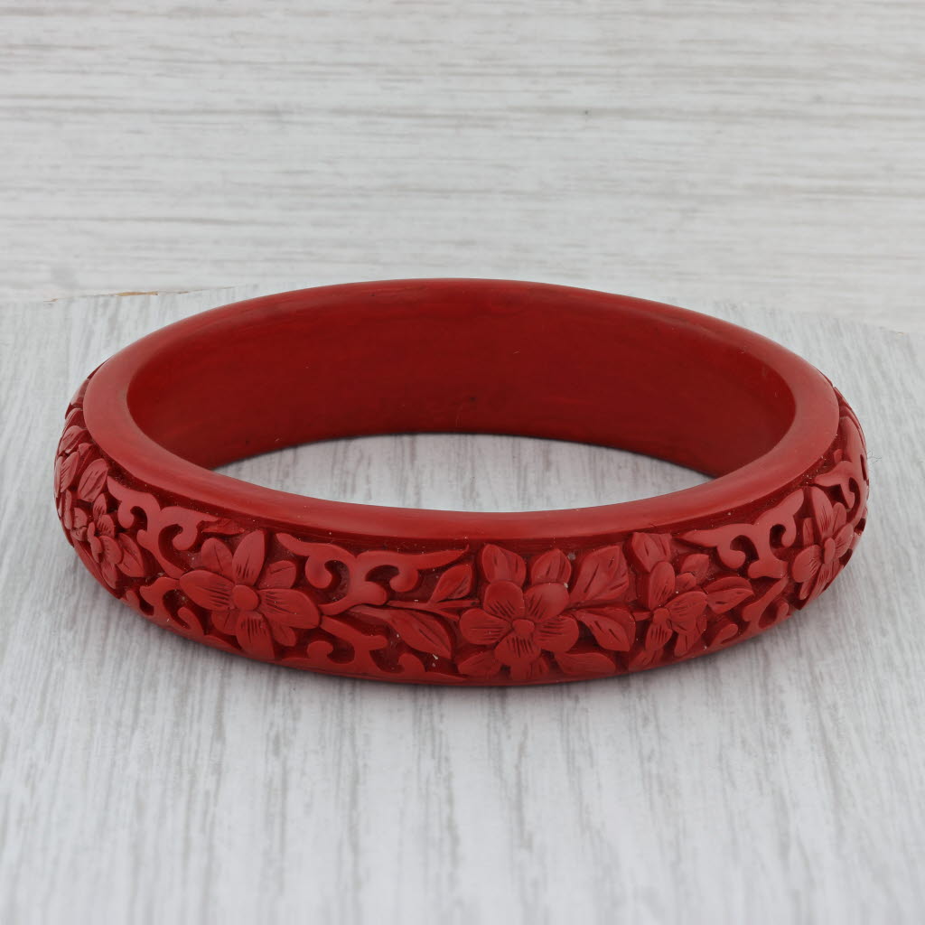 Saddle Brown Red Floral Carved Bangle Bracelet 7.5" 15.6mm