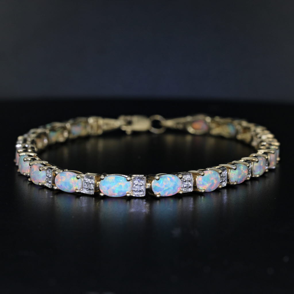 Black Lab Created Opal Diamond Tennis Bracelet 10k Yellow Gold 7.25" 4.3mm