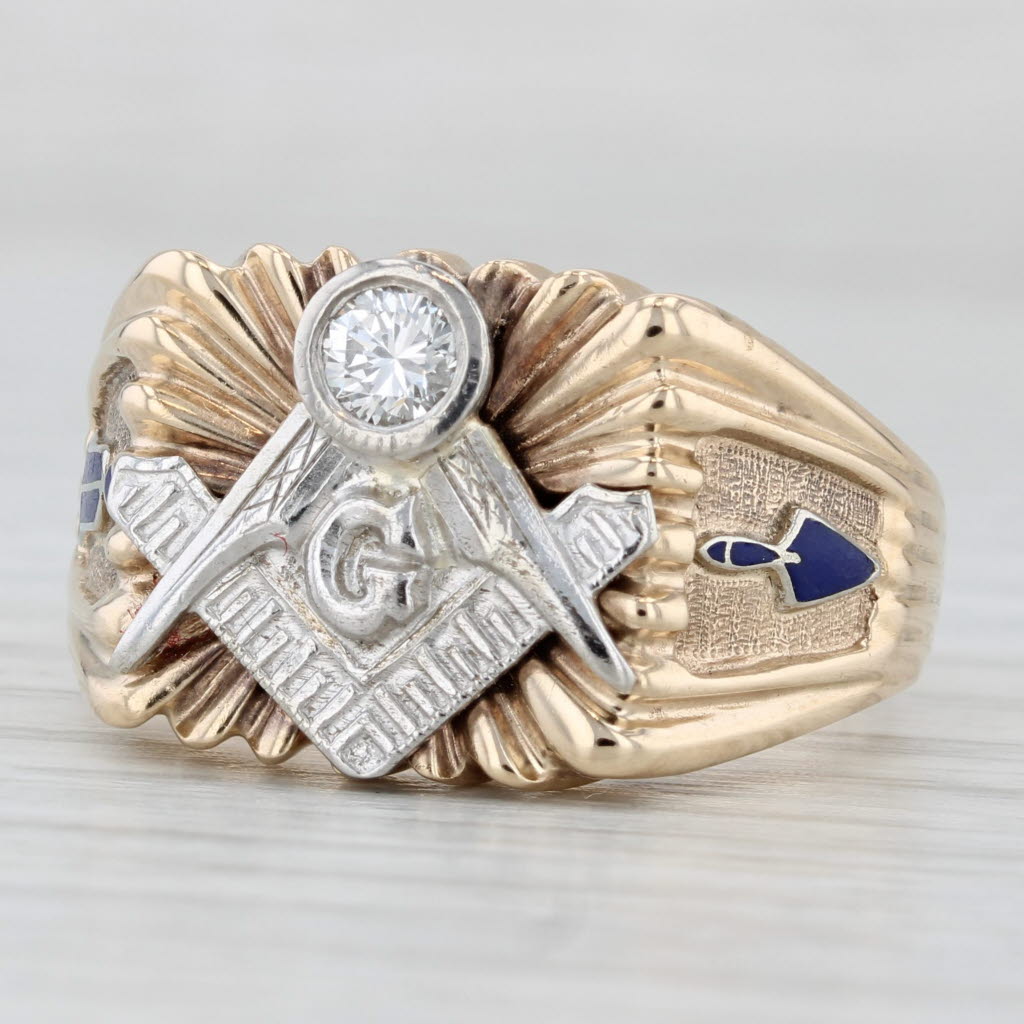 Light Gray 0.24ct Diamond Masonic Ring 10k Gold Square Compass Plumb Trowel Blue Lodge