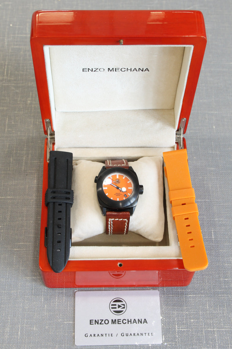 Enzo Mechana EM002 Mens 42mm Black PVD Steel Automatic Divers Watch Orange w Box