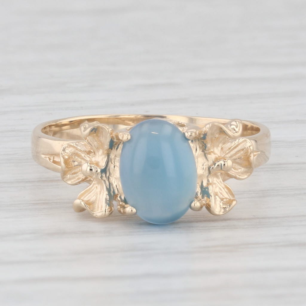 Light Gray Oval Cabochon Blue Chalcedony Solitaire Flower Ring 10k Yellow Gold Size 6.25