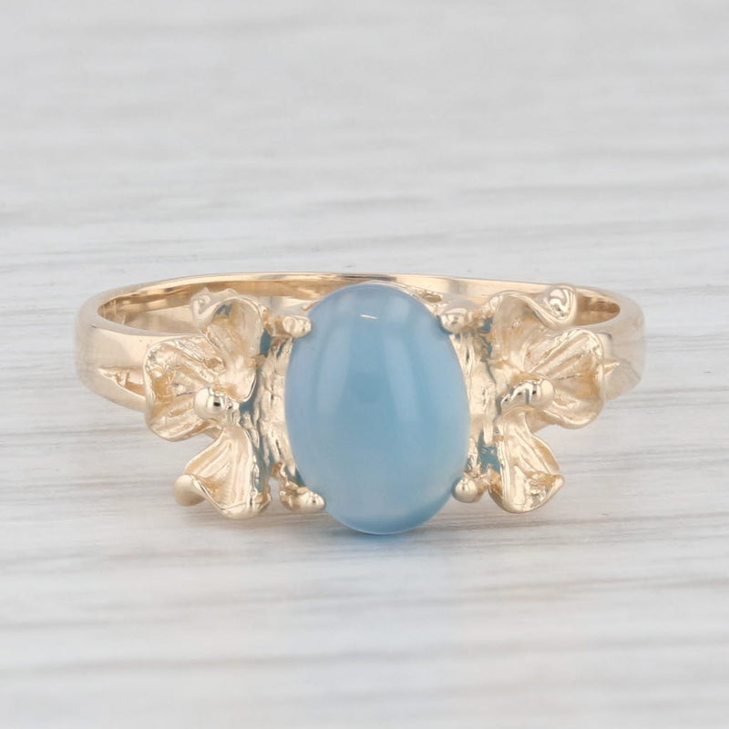 Oval Cabochon Blue Chalcedony Solitaire Flower Ring 10k Yellow Gold Size 6.25