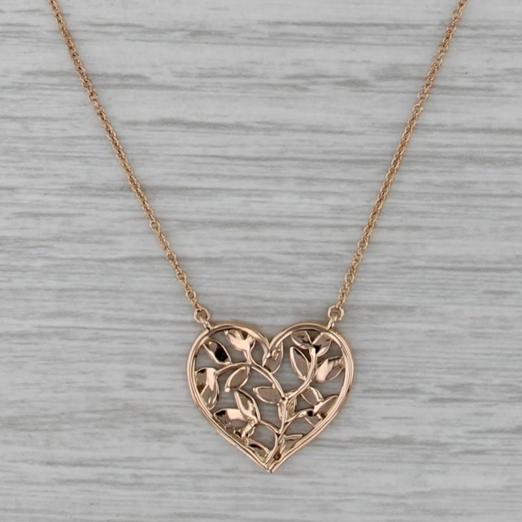 Tiffany Paloma Picasso Olive Leaf Heart Pendant Necklace w/ Pouch 18k Gold