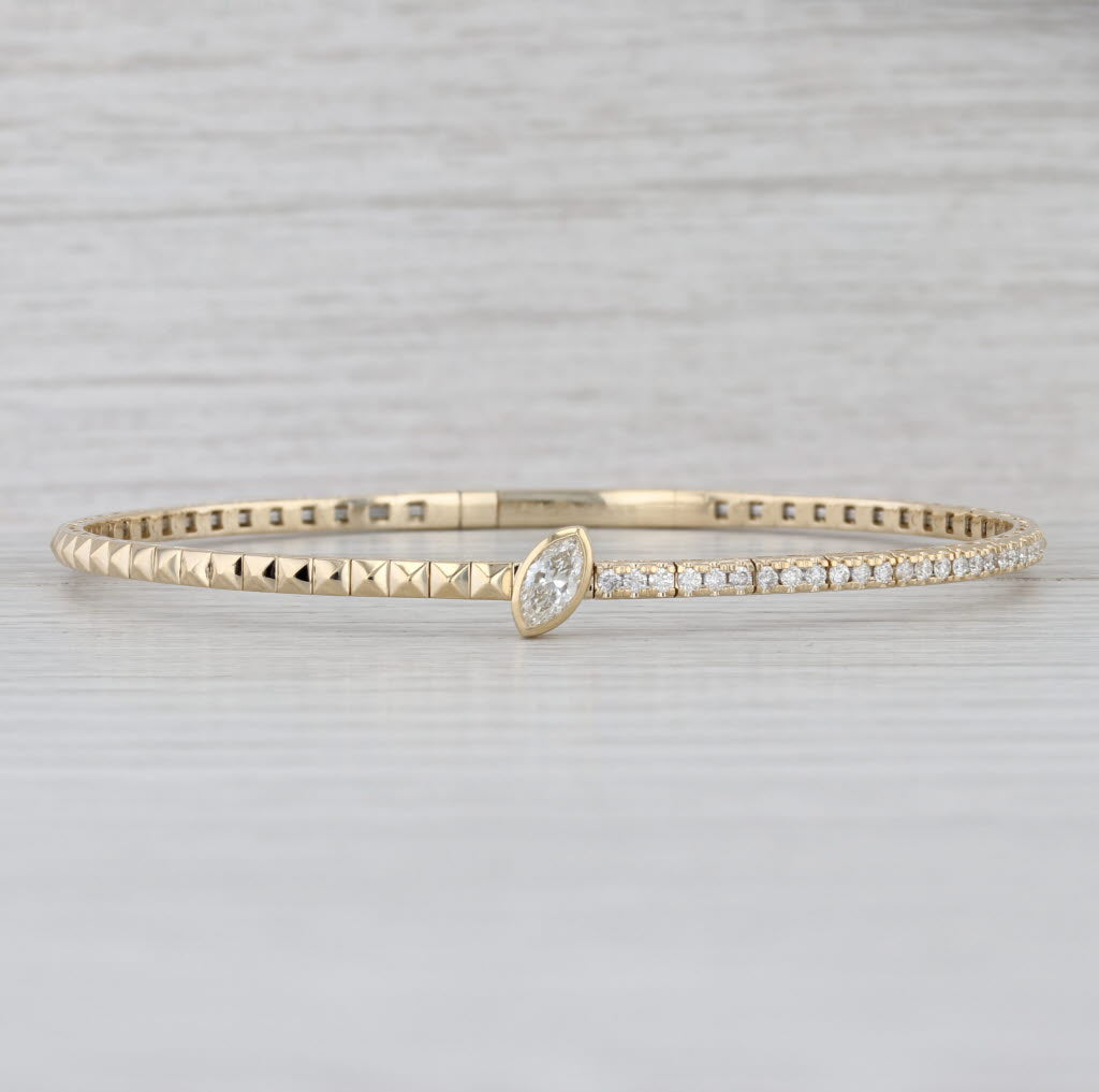 New 0.63ctw Diamond Beveled Flexible Bangle Bracelet 6.75" 14k Yellow Gold